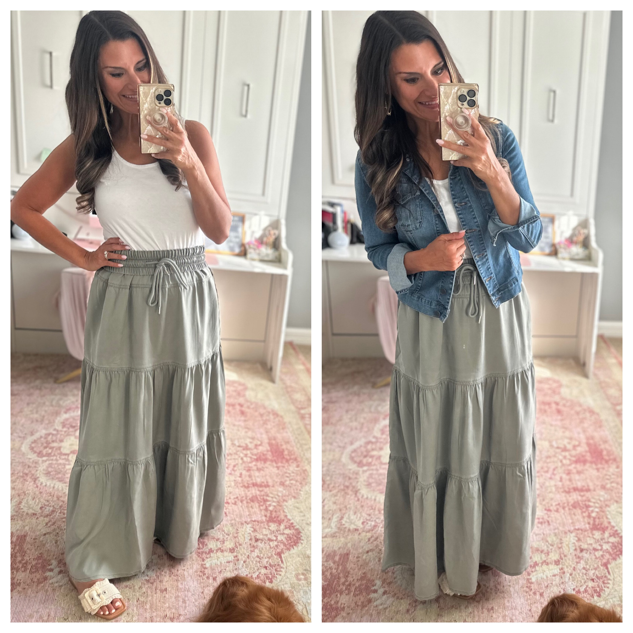 How to style a green skirt - Size up in the jacket. Wearing a M. Everything else is true to size. Wearing a small in the skirt and tank.

#LTKFindsUnder100 #LTKStyleTip #LTKOver40