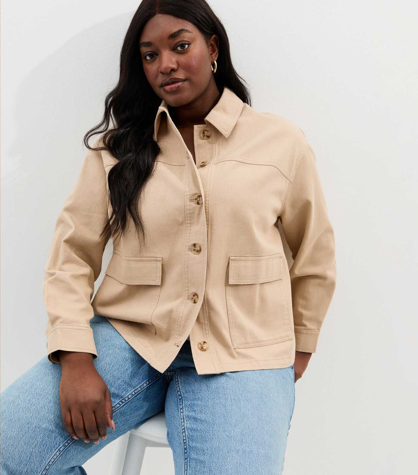 Curves Stone Cotton Flap Pocket Shacket | New Look | New Look (UK)