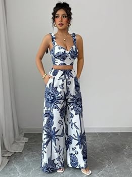 THLAI Summer Women 2 Piece Outfits Print V-Neck Cami Crop Top and Smocked Wide Leg Pants Set Vaca... | Amazon (US)