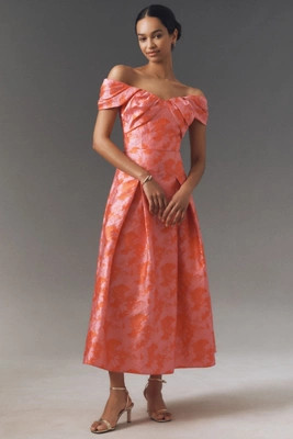 Shoshanna Tropez Off-The-Shoulder Jacquard A-Line Midi Dress | Anthropologie (US)