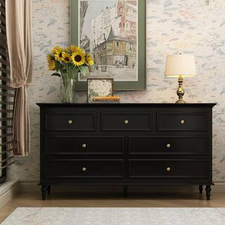 FUFU&GAGA 7-Drawer Black Dresser Vanity Table Cupboard 29.6 in. H x 55.2 in. W x 15.7 in. D KF020... | The Home Depot
