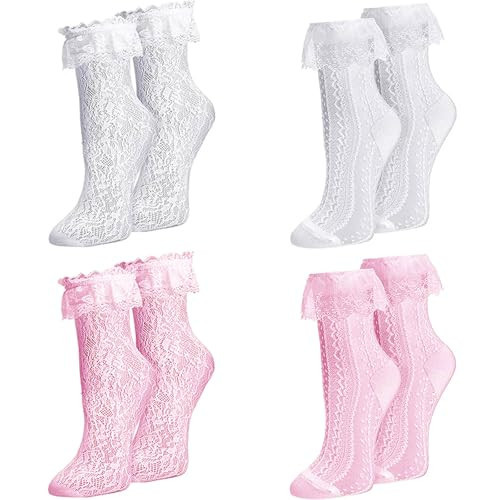 MKYSZLT Women White Lace Socks Pink Ruffle Frilly Dress Socks Womens Cute Mesh Lace Trim Lolita Sock Sexy Lacy Ankle High Sock with ruffles for Woman 4 pairs | Amazon (US)
