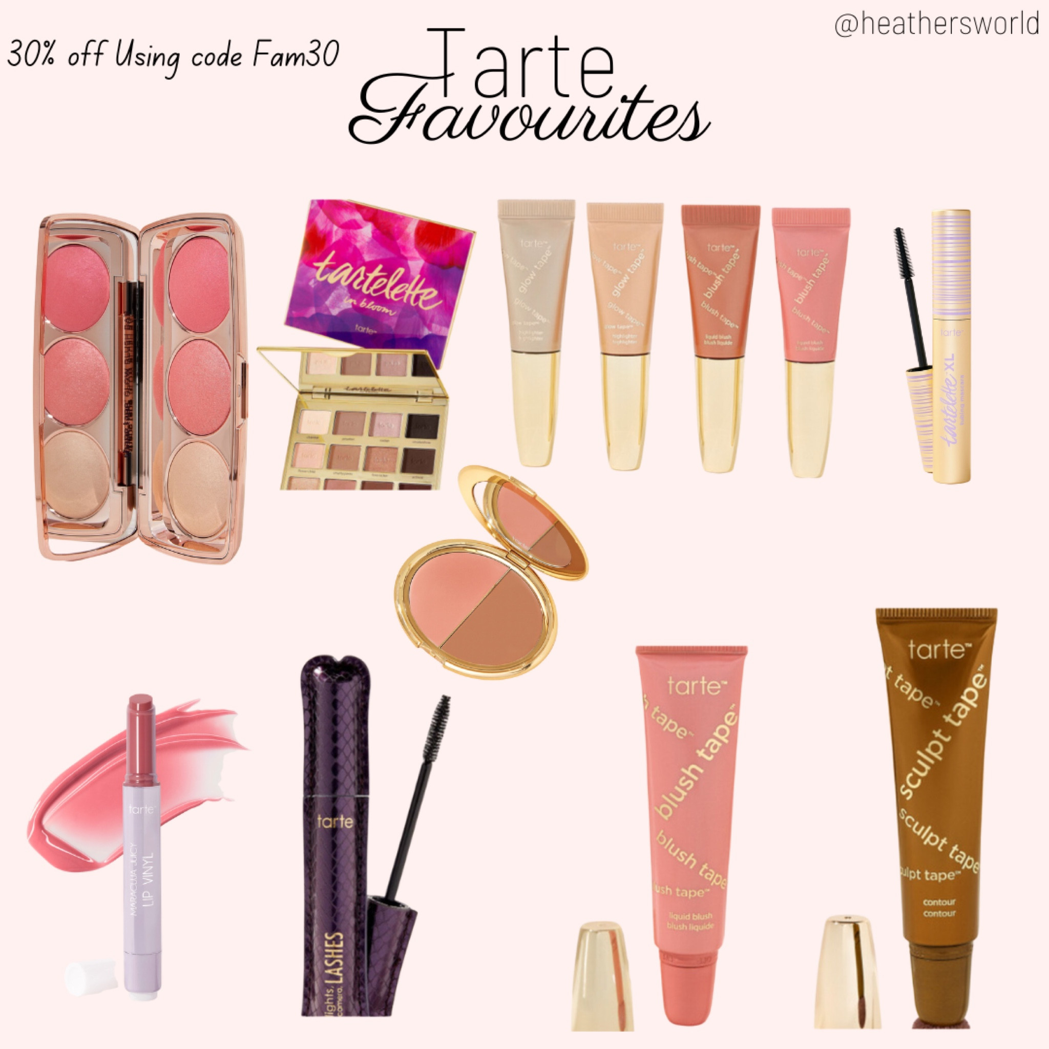 Tarte Favourites including blush tape, maraca juicy lip and lights camera flashes mascara, Get 30% off with code FAM30 

#tarte #shapetape #maracujajuicylip #blushtape #glowtape #sculpttape #makeup #beauty #beautysale #tartesale #bronzer #springmakeup 

#LTKbeauty #LTKsalealert
