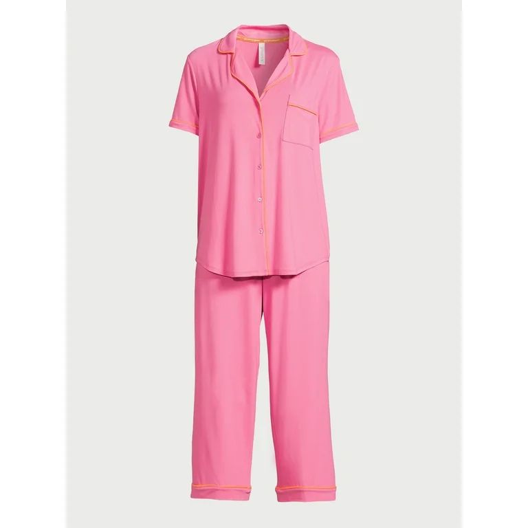 Joyspun Women's Knit Short Sleeve Notch Collar Top and Capri Pajama Set, 2-Piece, Sizes S to 3X | Walmart (US)