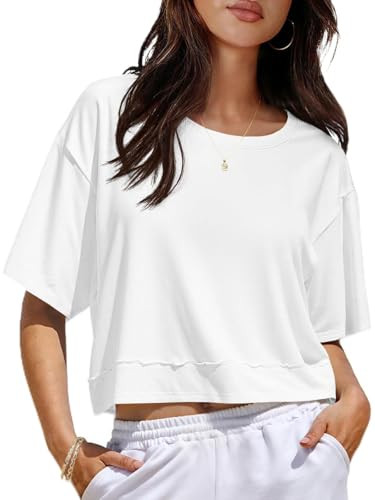 UNCLECAT Womens Short Sleeve Cropped T Shirts Crew Neck Trendy Tops Casual Solid Loose Fit Basic ... | Amazon (US)