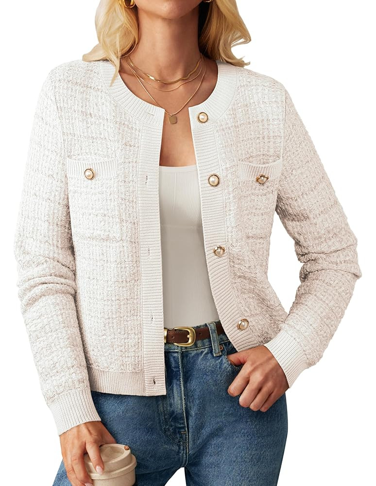 GRACE KARIN Womens Open Front Button Down Long Sleeve Texture Knit Cardigan Sweaters with Pockets | Amazon (US)