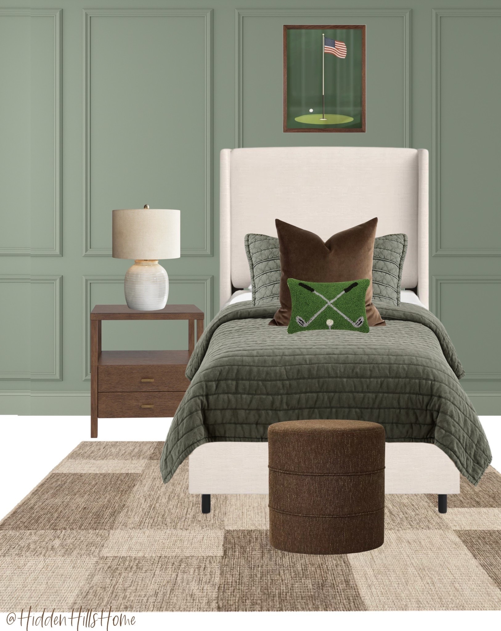 Golf themed boys bedroom decor ideas, kids room mood board, green and brown boys bedroom, home decor inspiration, twin bed, boys bedroom design #golf

#LTKHome #LTKSaleAlert #LTKKids