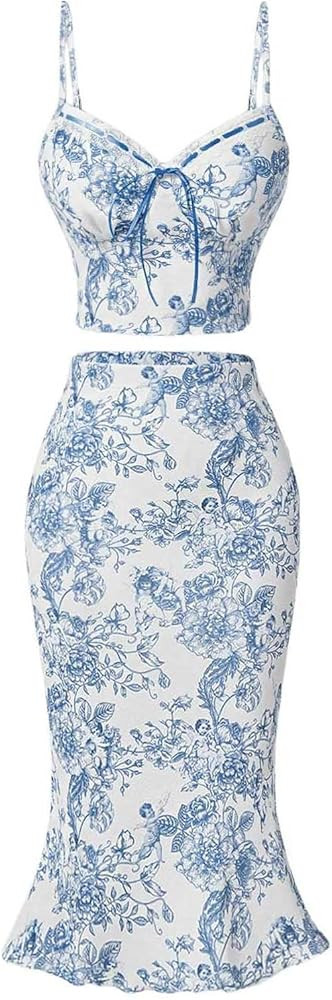 Women's 2 Piece Outfits Floral Print Boho Spaghetti Strap Tie Bow Front Cami Crop Top and Bodycon... | Amazon (US)