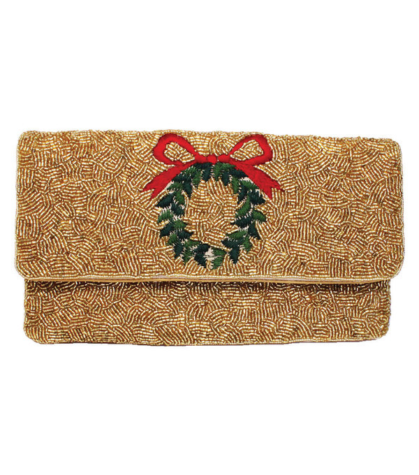 Gold Wreath Red Bow - Beaded Clutch | Lisi Lerch Inc