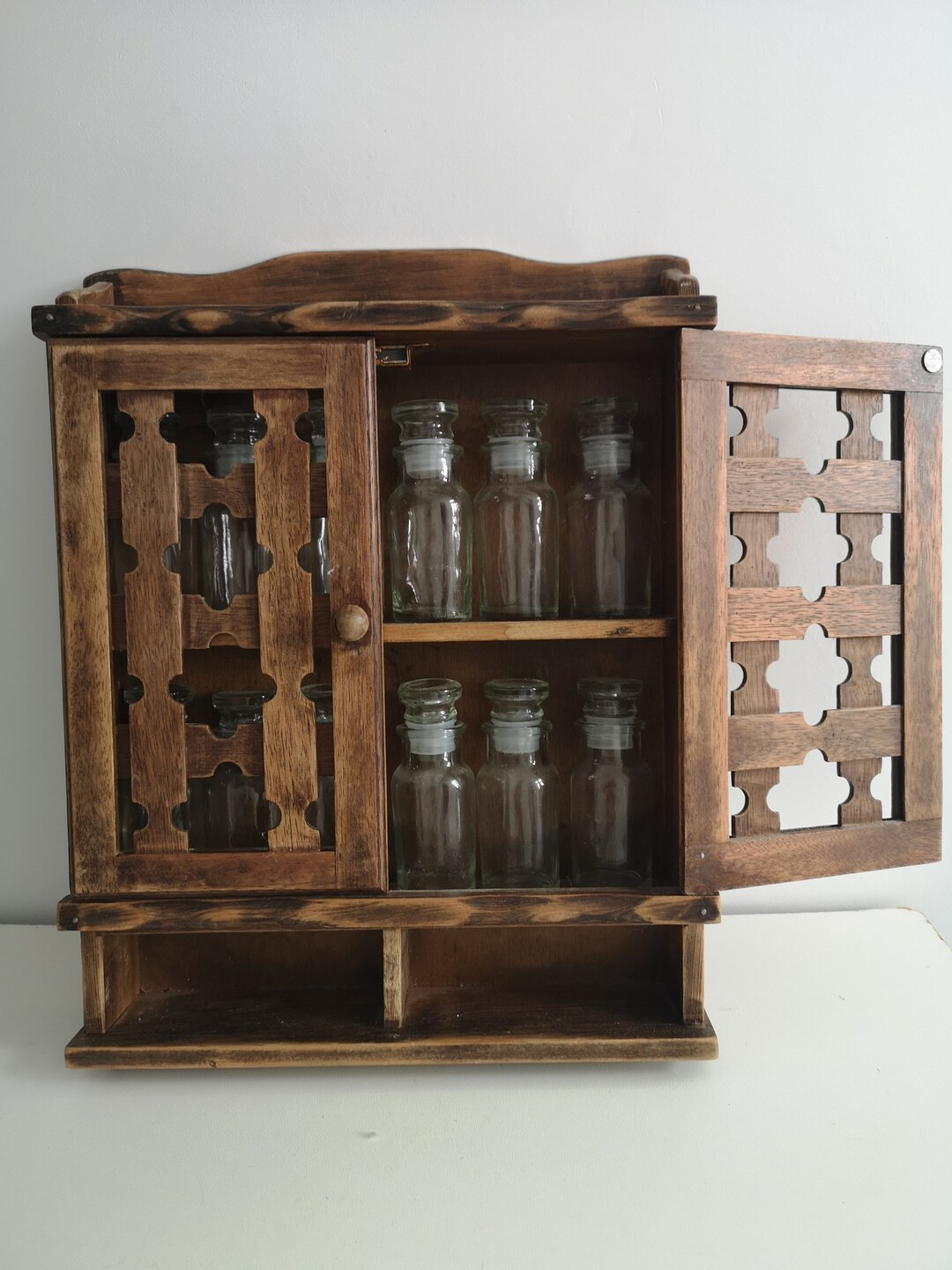 Wall Cabinet With 12 Glass Bottles / Bottles Shelf Rack With Glass Jars Small Display Cabinet - E... | Etsy (UK)
