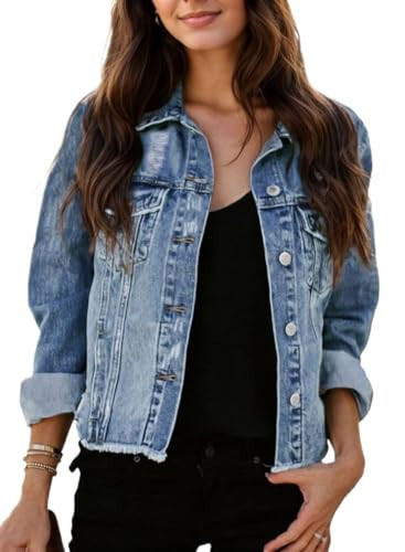 Kedera Denim Jacket for Women Distressed Jean Jackets Button Vintage Western Trucker Jacket Frayed Hem Coat | Amazon (US)