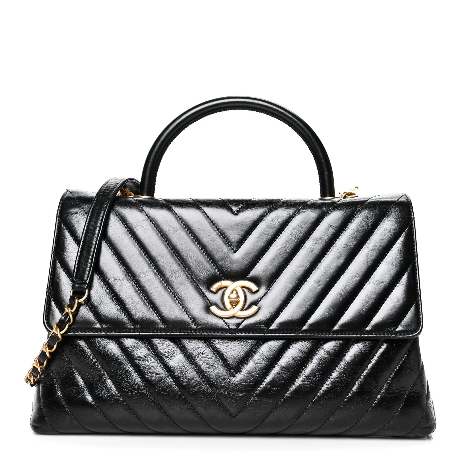 Calfskin Chevron Quilted Medium Coco Handle Flap Black | FASHIONPHILE (US)