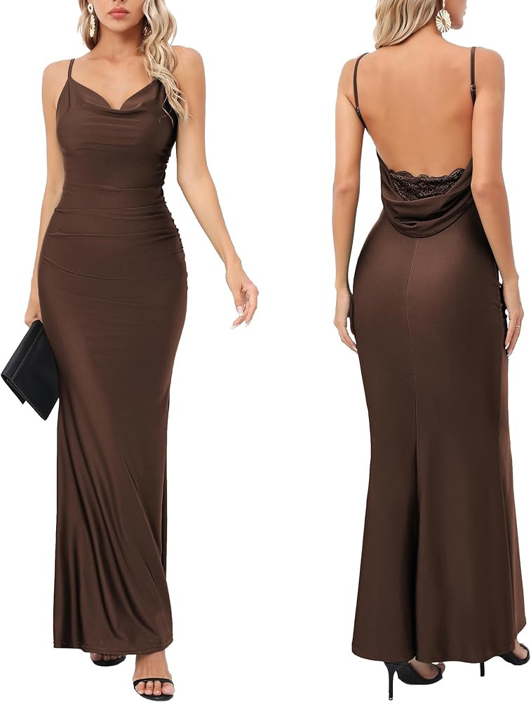 Women Drape Neck Lace Backless Maxi Dress Spaghetti Straps Mermaid Gown | Amazon (US)