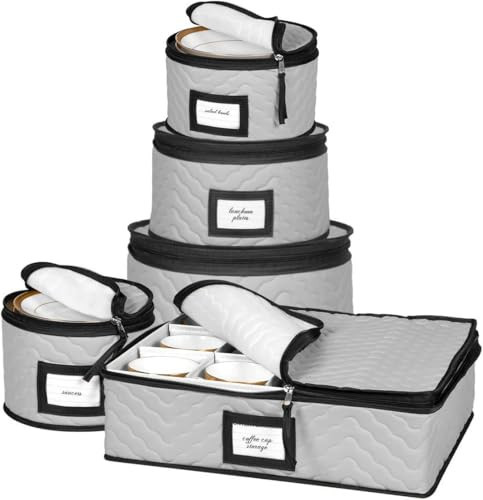 China Storage Containers 5-Piece Set Moving Boxes for Dinnerware, Glasses, Plates, Mugs and Saucers Sturdy Quilted Microfiber Dish Organizer with Dividers for Seasonal Storage - Holds Set of 12, Gray | Amazon (US)