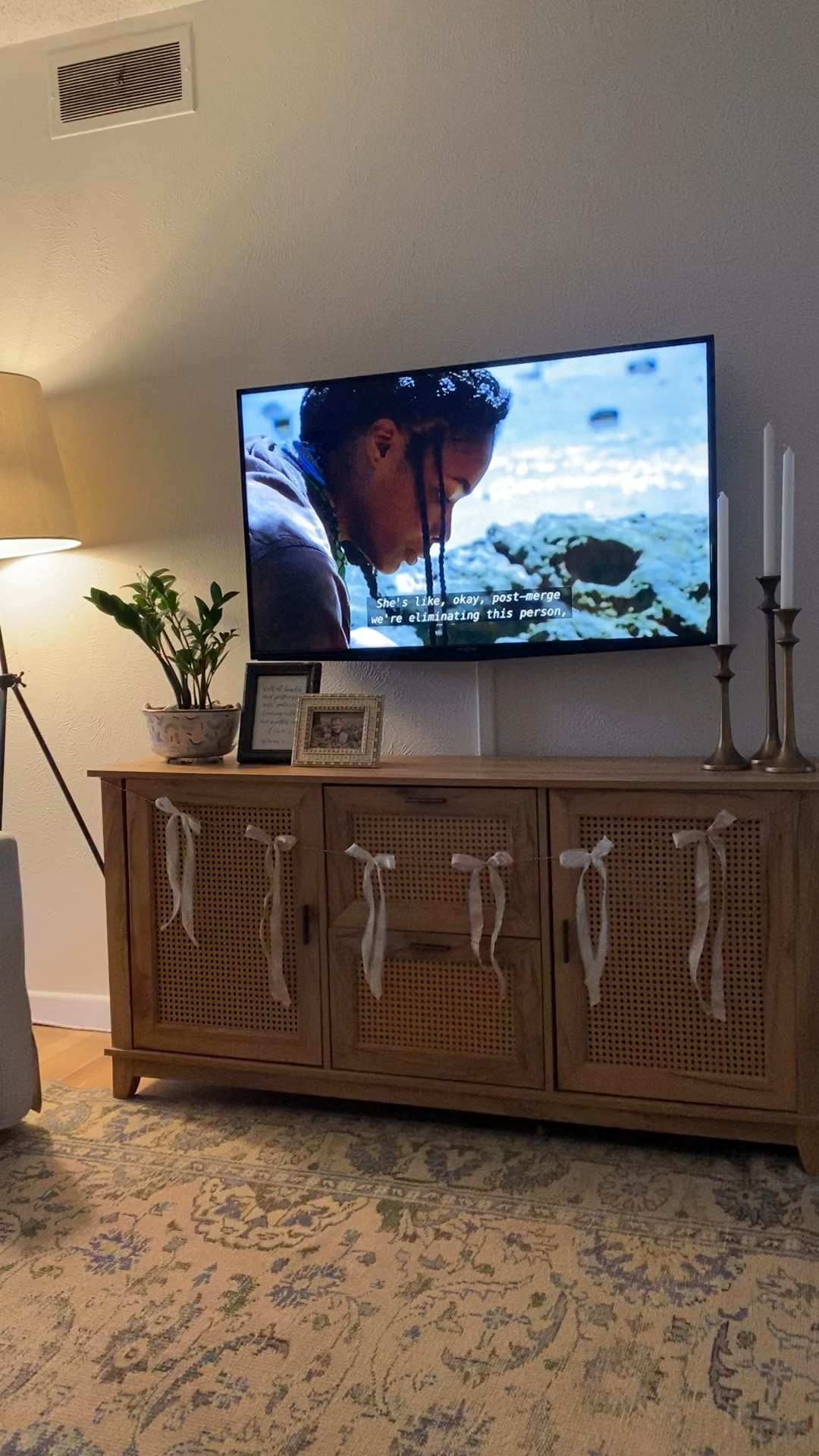 pink and white bows for Valentine’s Day! 💘 Linked our media console since I got some questions about it. 
#tv #console #media #furniture #home #decor #storage #rattan #modern #organic #basics #house #valentines #day

#LTKhome #LTKSeasonal #LTKover40