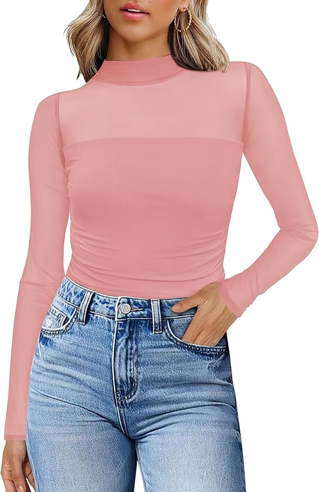 Womens Sexy Mesh Long Sleeve Shirts Fashion Clothing Turtle Necks Sheer Ruched Going Out Tops Fal... | Amazon (US)