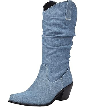 Women Denim Slouchy Cowboy Boots Mid Calf Square Toe Chunky Heel Cowgirl Pull On Boots | Amazon (US)