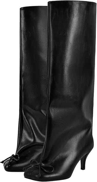 LISHAN Women's Square Toe Bowknot Knee High Boots Pull On Slouchy Boot Kitten Heels | Amazon (US)