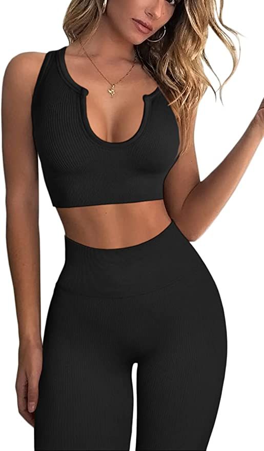 QINSEN Workout Outfits for Women 2 Piece Ribbed Seamless Crop Tank High Waist Yoga Leggings Sets | Amazon (US)