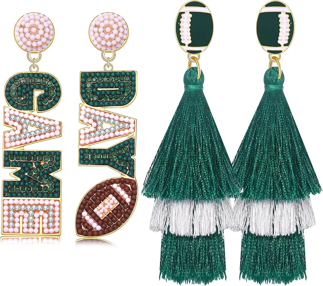 2/3 Pairs Game Day Earrings for Women Beaded Football Earrings Sports Tassel Earrings Game Day Ou... | Amazon (US)