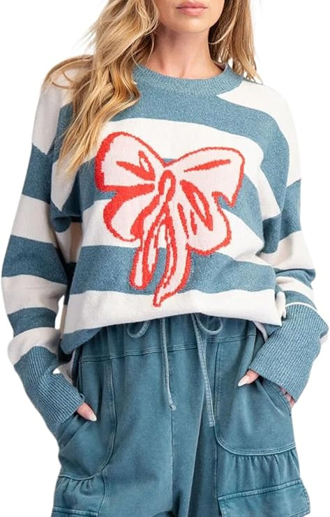 Women's Knitted Sweater Long Sleeve Crew Neck Ribbed Cuffs Pullover Sweater Cute Bow Prined Casua... | Amazon (US)