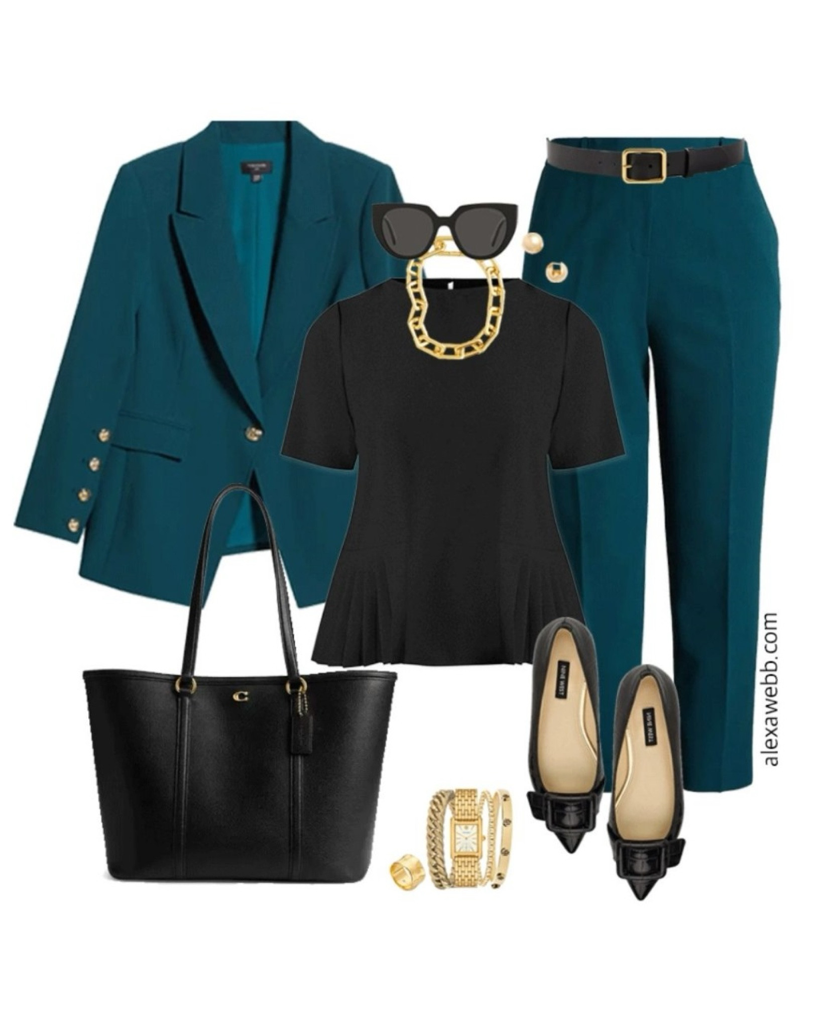 Plus size fall business casual work capsule wardrobe with teal blazer and pants, black blouse and flats. Alexa Webb 

#LTKStyleTip #LTKPlusSize #LTKWorkwear