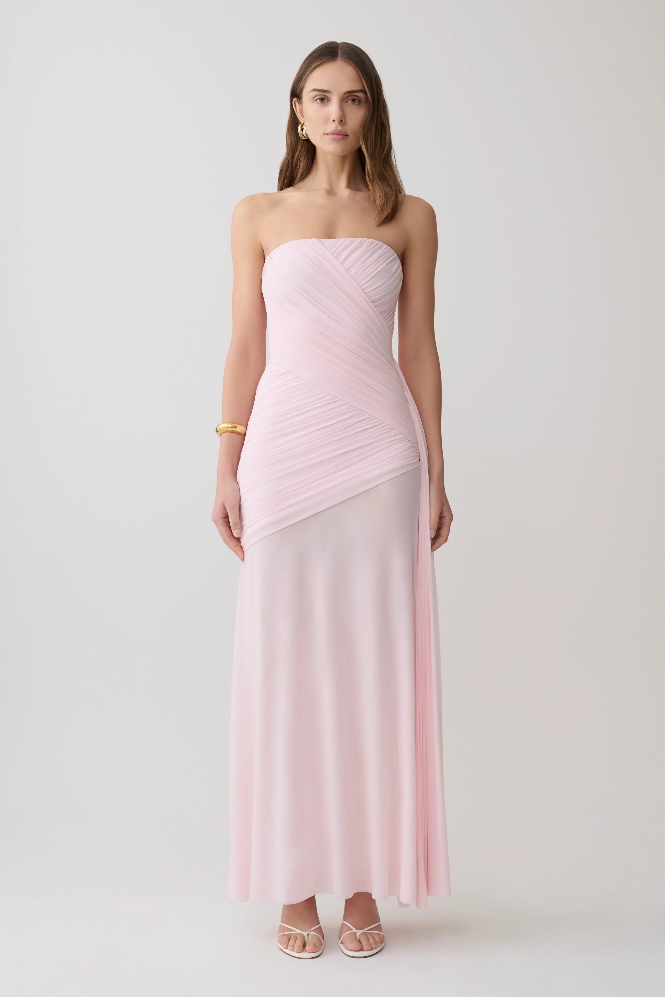 Monet Strapless Ruched Mesh Maxi Dress - Ballet Pink | MESHKI US