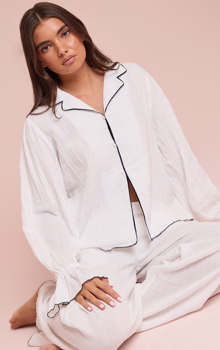 Contrast Piping Frill Sleeve Wide Leg Pyjamas | PrettyLittleThing UK