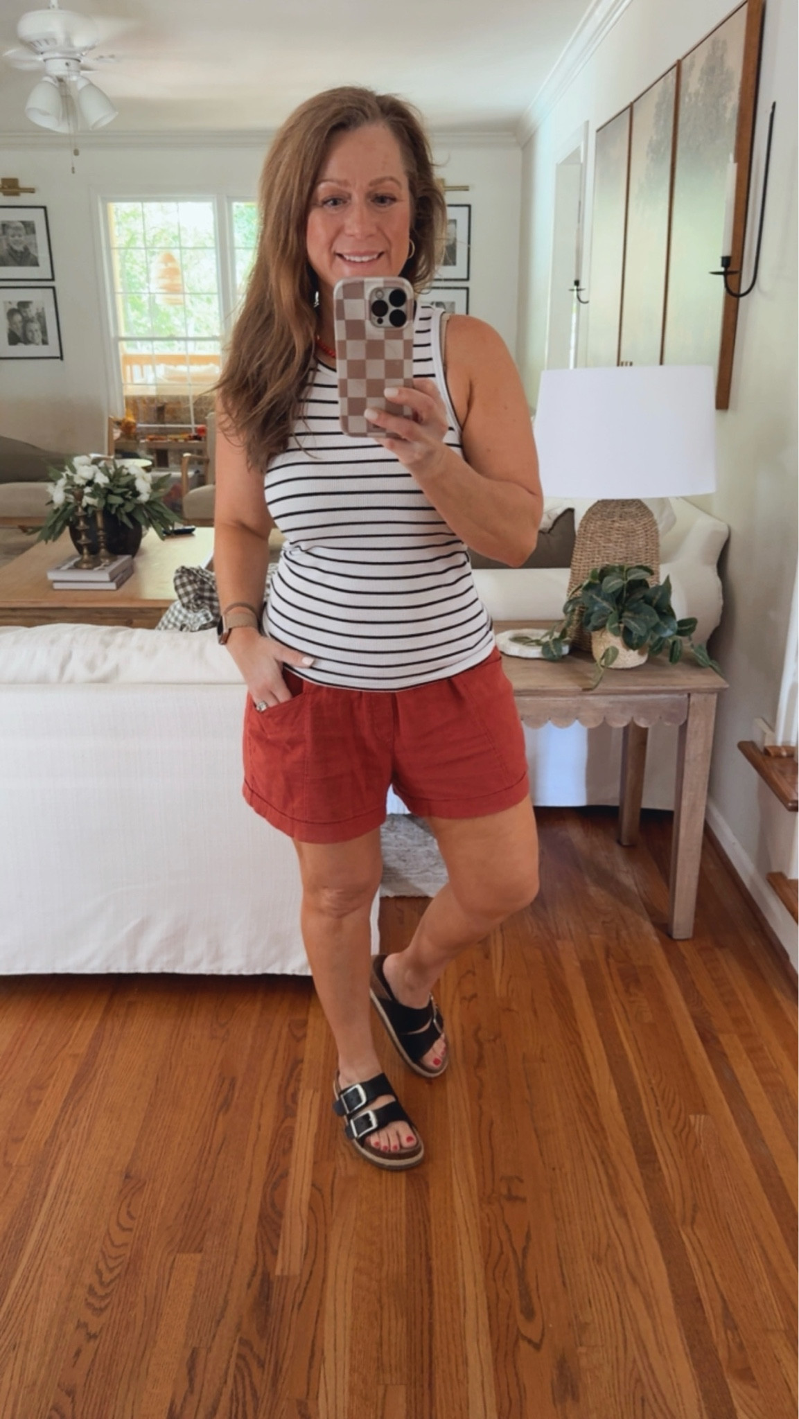 Today's OOTD
Striped high neck tank
Linen blend shorts
Sandals
Layered necklaces
Hoop earrings

#LTKPetite #LTKMidsize #LTKootd