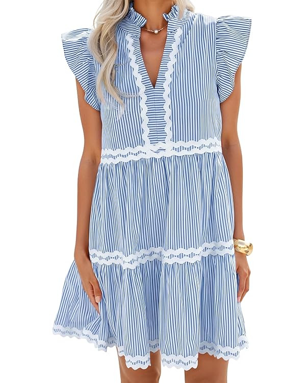 ZESICA Women's Summer Casual Mini Dress 2026 V Neck Flutter Short Sleeve Striped Ruffle A Line Be... | Amazon (US)