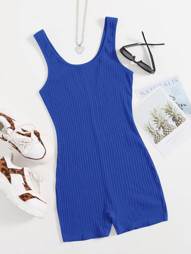 SHEIN Scoop Neck Rib-knit Tank Unitard Romper | SHEIN