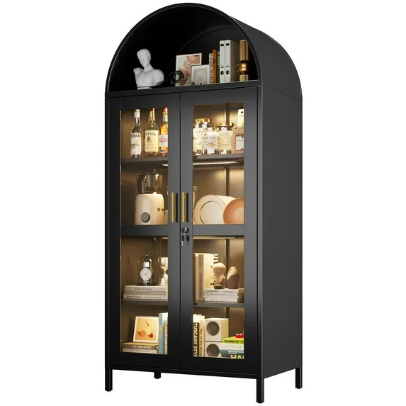 GangMei 73" Tall Metal Arched Display Cabinet with LED Light, China Curio Storage Cabinet with Gl... | Walmart (US)