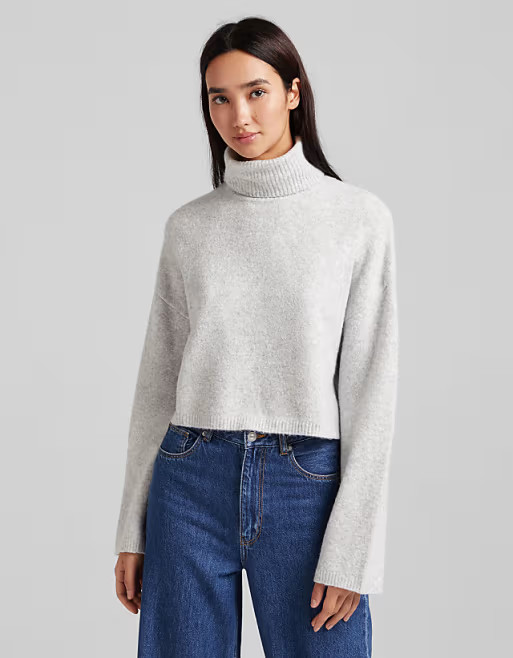 Bershka roll neck cropped sweater in gray heather  | ASOS | ASOS (Global)