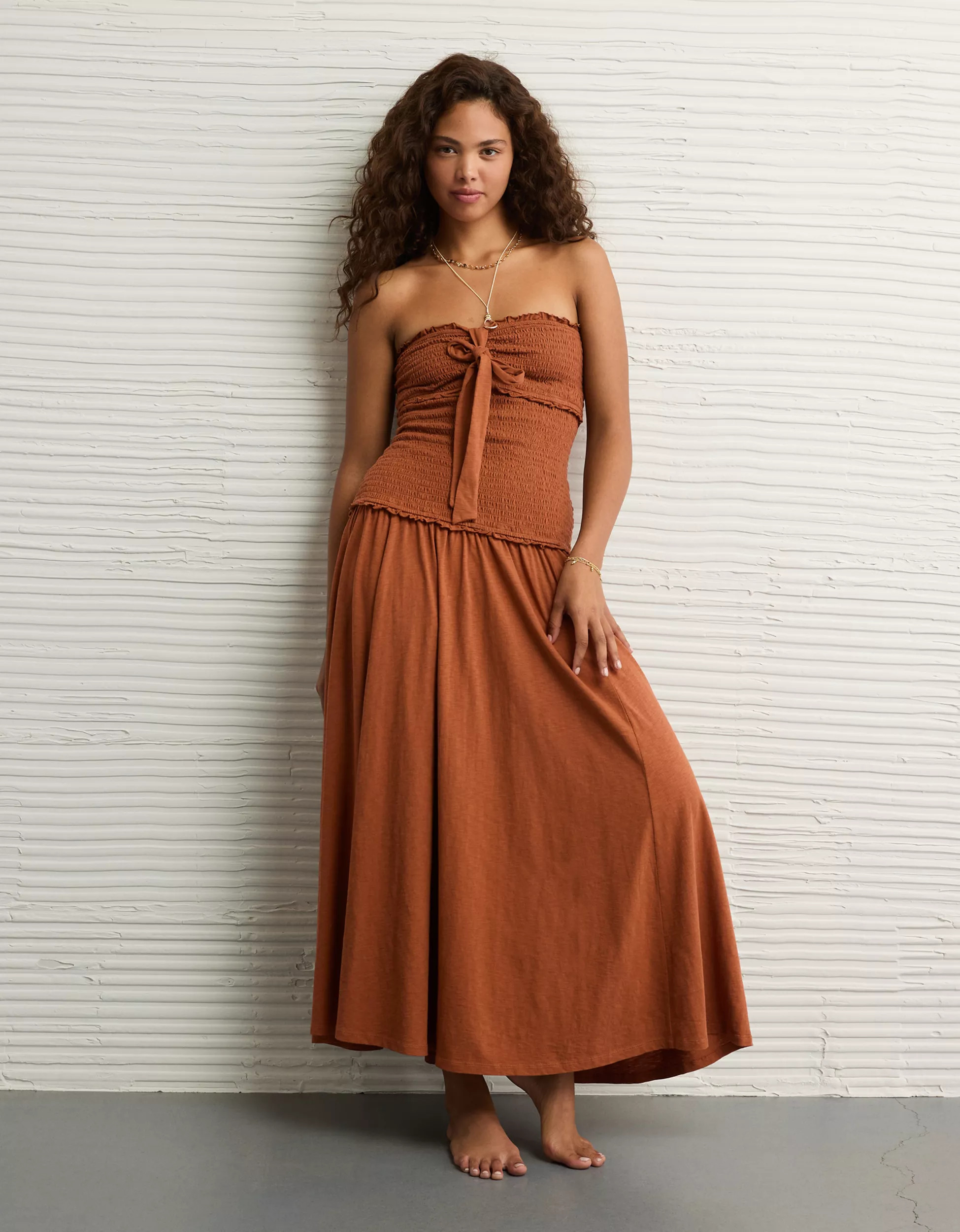 AE Sunchaser Knit Smocked Drop Waist Midi Dress | American Eagle Outfitters (US & CA)