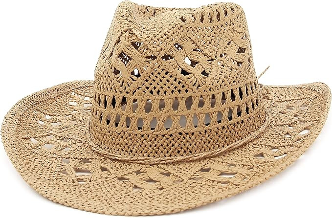 GEMVIE Men & Women's Summer Cowboy Cowgirl Straw Hat Hollow Out Style Roll Up Brim Cowboy Sun Hat | Amazon (US)