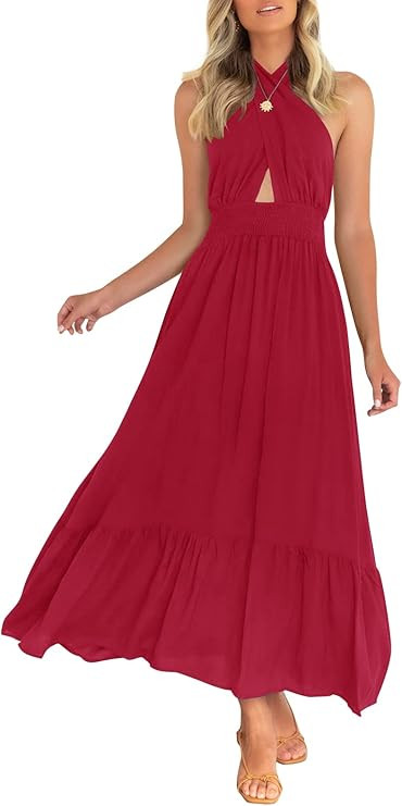 ZESICA Women's Summer Criss Cross Halter Neck Cut Out Solid Color Sleeveless Flowy A Line Midi Dr... | Amazon (US)