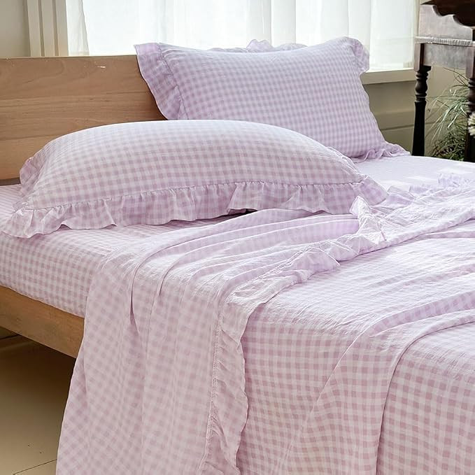 NSNLGSGC Purple Gingham Ruffle Full Sheet Set, Purple Soft Pre-Washed Microfiber Plaid Full Bed S... | Amazon (CA)