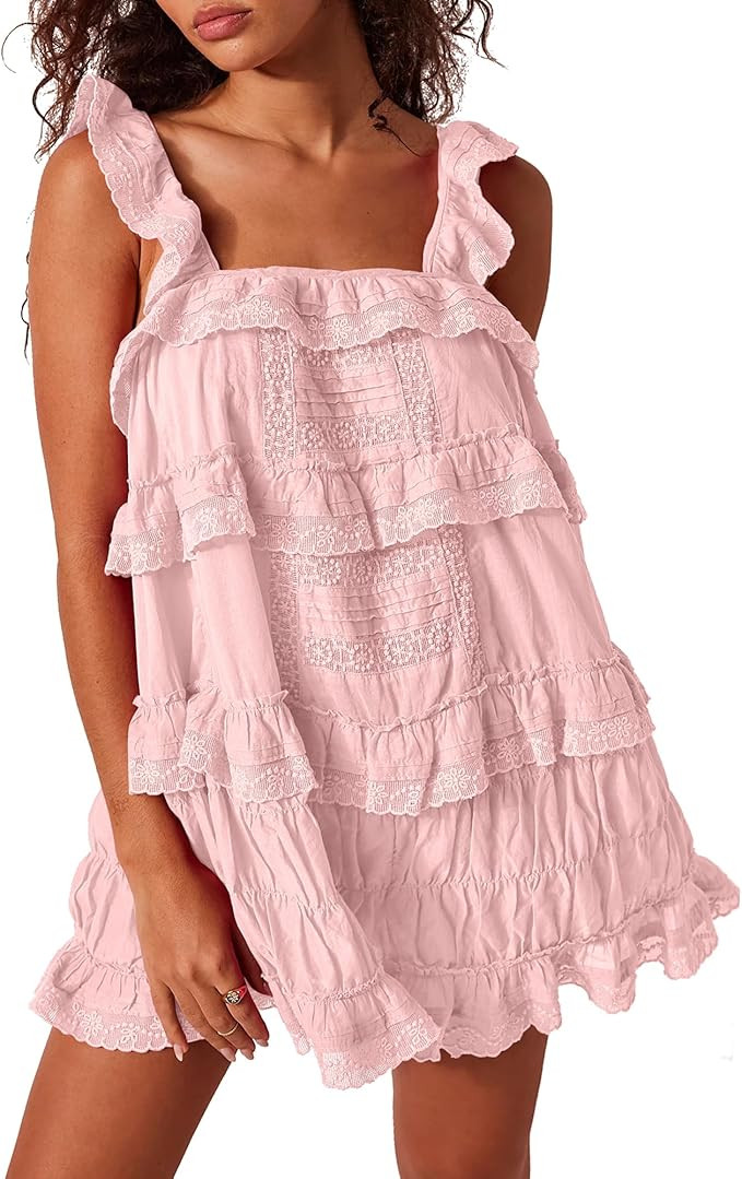 Gacaky Women's Summer Casual Sleeveless Rompers Ruffle Flowy Boho Sun Dress Loose Mini Dress with... | Amazon (US)