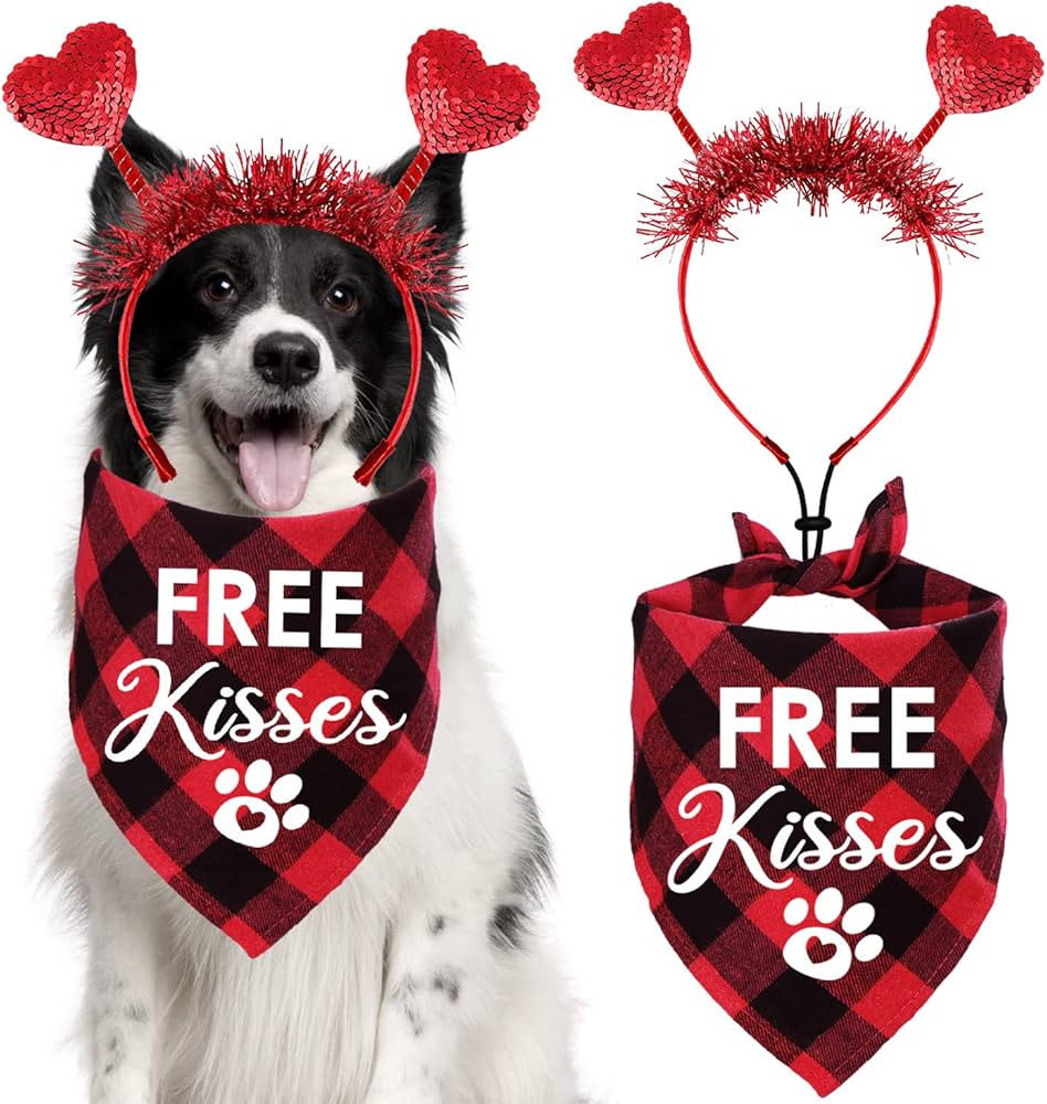 STMK Valentine’s Day Dog Bandana Outfits, Valentine’s Day Heart Headband Plaid Valentines Dog... | Amazon (US)