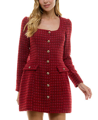 Juniors' Square-Neck Long-Sleeve Tweed Dress | Macy's