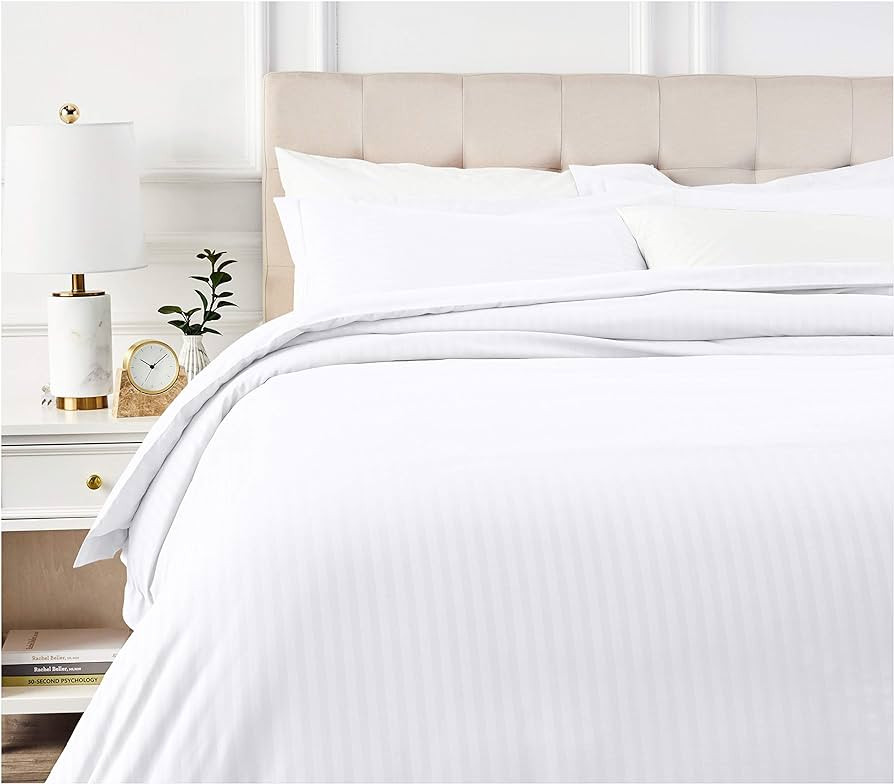 Amazon Basics Microfiber 3 Piece Duvet Cover Set, Full/Queen, Bright White, Striped | Amazon (US)