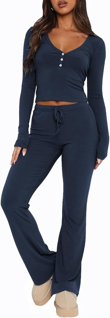 Womens 2 Piece Lounge Sets Long Sleeve Crop Tops V Neck Flare Pants Set Fall Y2k Casual Outfits | Amazon (US)