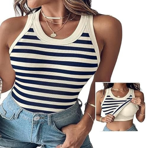 Zenith Ribbed Tank Top Built in Bra,Chic-Me Tank Top with Bra,Round Neck Cotton Camisole Workout Sports Padded Cami (Blue Stripe,X-Large) | Amazon (US)