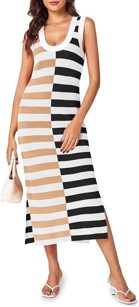 Wenrine Womens Summer Striped Dress Sleeveless Knitted Contrast Color Side Slit Casual Maxi Beach... | Amazon (US)