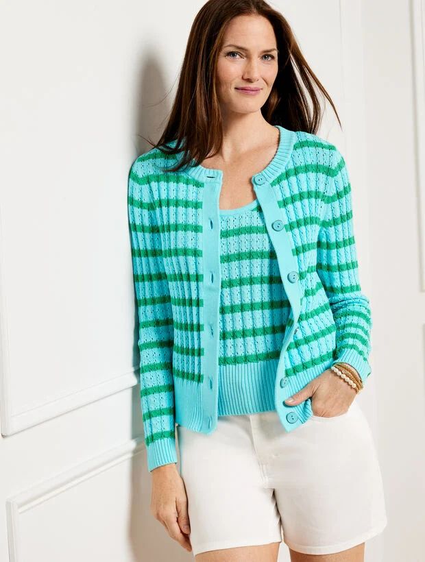 Textured Crewneck Cardigan - Bicolor Stripe | Talbots