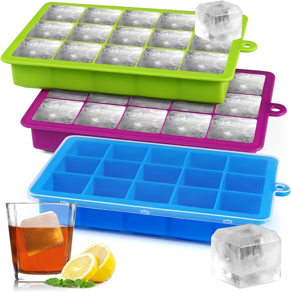 Silicone Ice Cube Trays with Lid,3 Pack Square Ice Cube Molds Maker Set,Large Ice Trays for Freez... | Amazon (US)