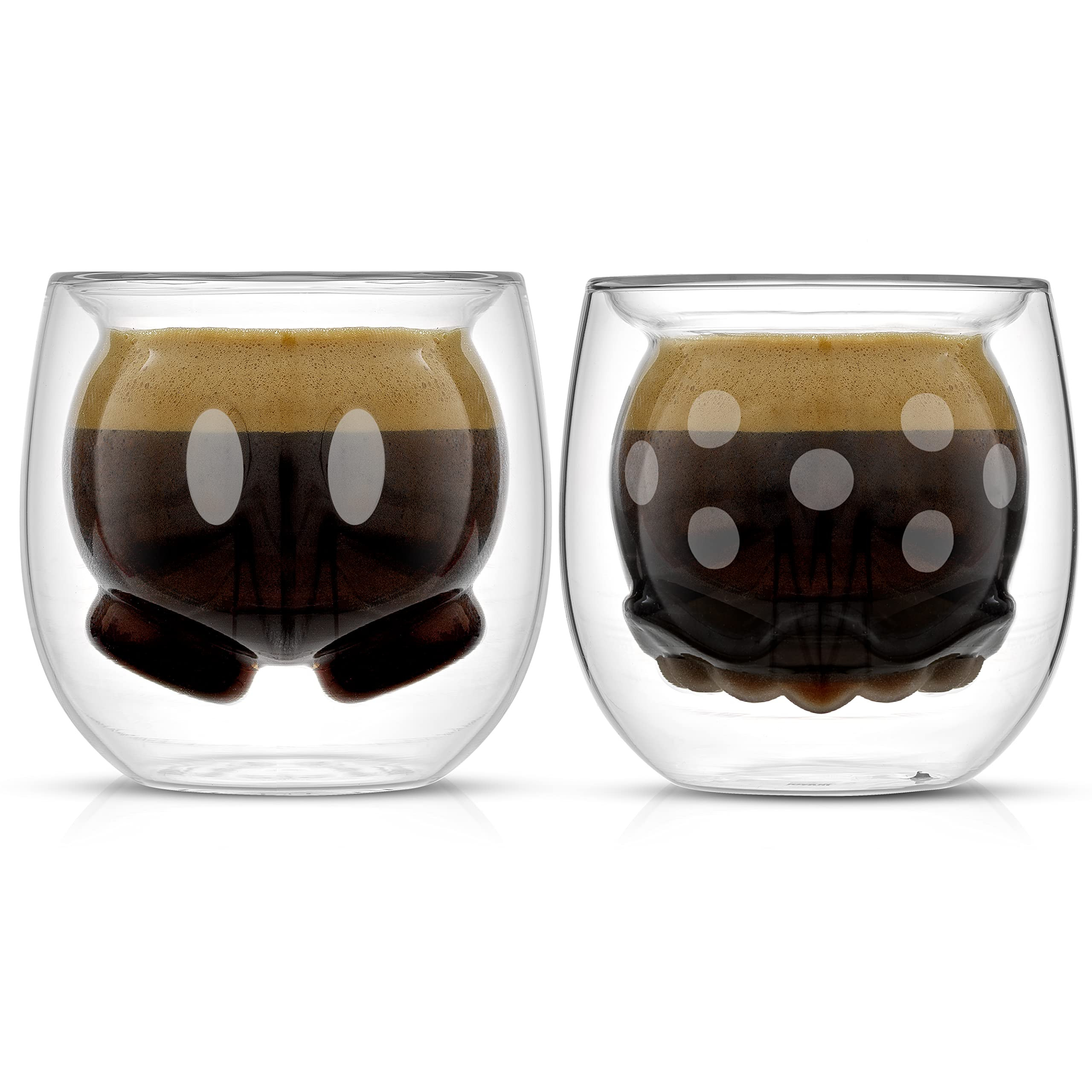 JoyJolt Mickey Pants and Minnie Skirt 3D 2oz Espresso Cups. Double Walled Espresso Glasses (2pc) Small Double Wall Glass Coffee Cups. Demitasse Cups, Espresso Measuring Cup or Liqueur Shot Glasses | Amazon (US)