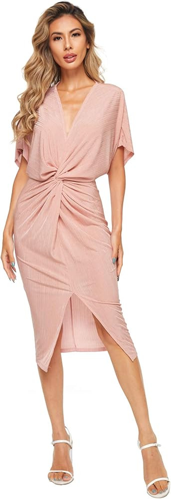 Floerns Women's Short Sleeve V Neck Twist Front Split Midi Dress | Amazon (US)