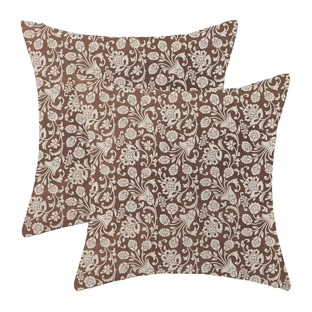 Block Print Paisley Floral Pillow Covers 18x18 Set of 2, Brown Neutral Decoration Throw Pillow Co... | Amazon (US)