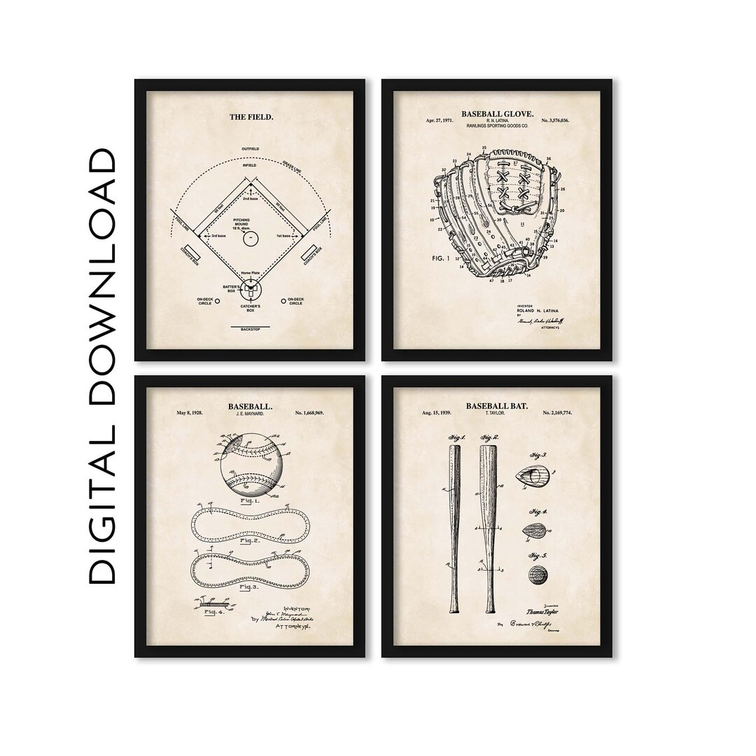 Baseball Patent Print Wall Art Baseball Field Diagram, Baseball Bat, Baseball Glove & Baseball Pr... | Etsy (US)
